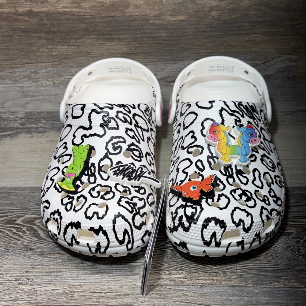 Women's 7 Crocs Classic Clogs Party Animals X Ron English White Cheetah